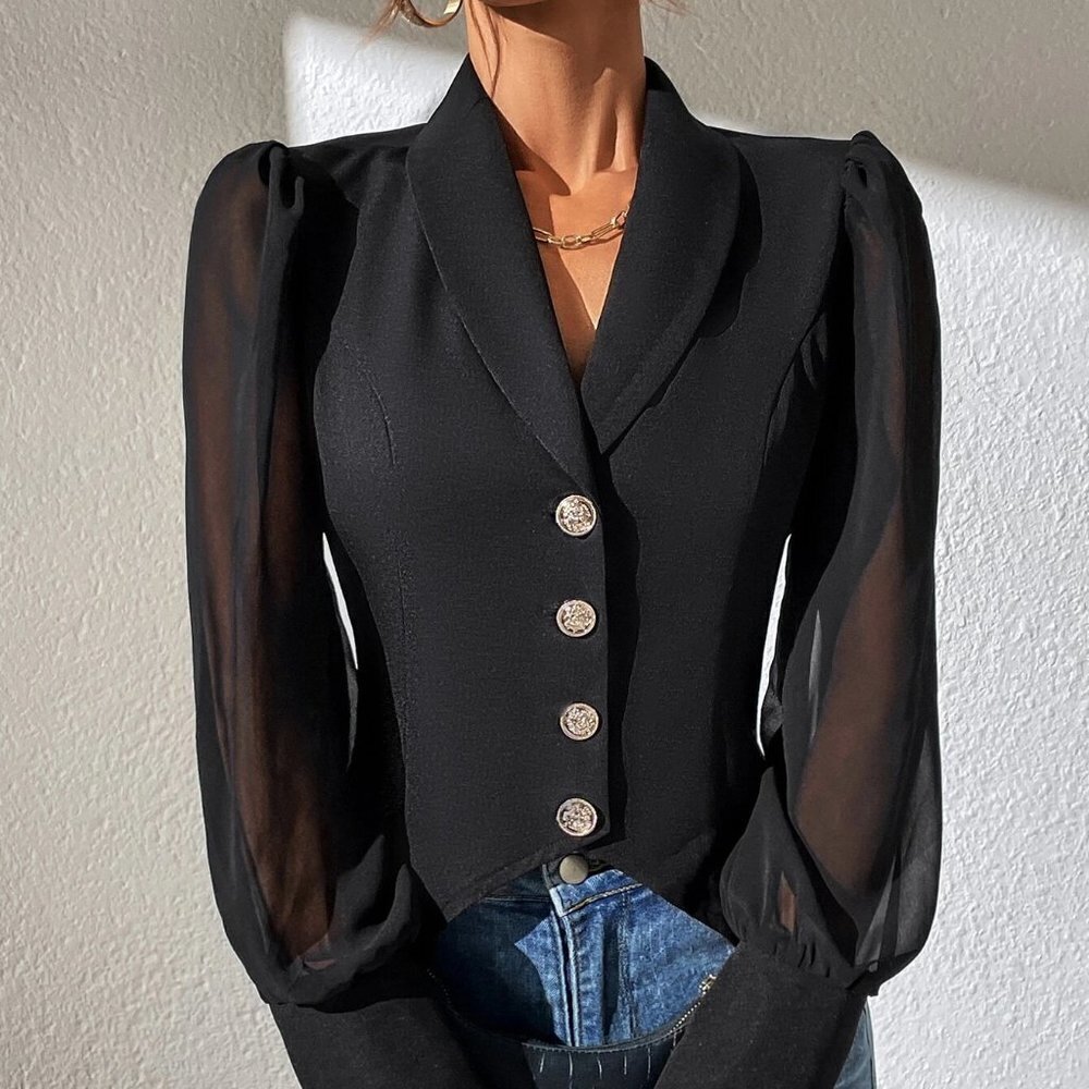 Black Boho Womens Contrast Mesh Bishop Sleeve Shawl Collar Blazer - Picture 4 of 6